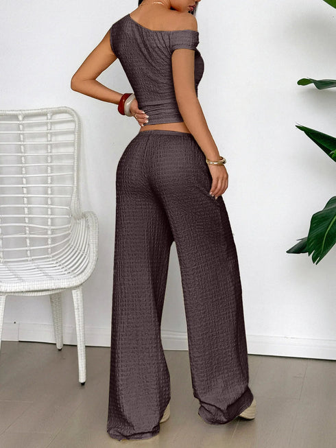 'Fleur' Off Shoulder Top and Wide Leg Pants Set - Celes Fashion